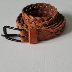 Brown Leather Braided Skinny Belt